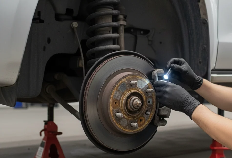 Mechanic inspecting a vehicle's brake system (rotor and caliper) and suspension on a lift in a car repair shop