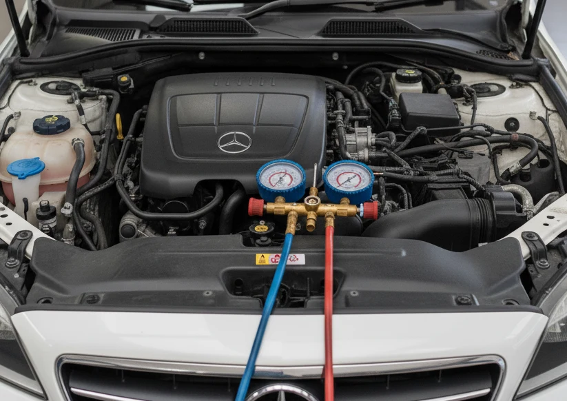 Compartimento del motor de un Mercedes Benz con un juego de manómetros de refrigeración de doble calibre conectado para comprobar o recargar el aire acondicionado