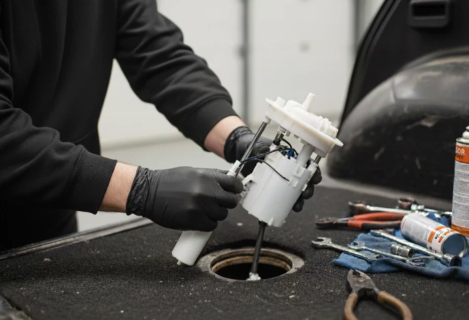 Mecánico reemplazando o instalando el módulo de la bomba de combustible de un vehículo a través del acceso superior.