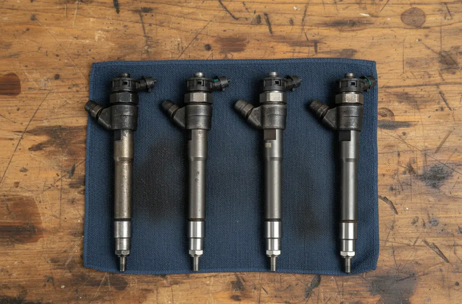 Cuatro inyectores de combustible diesel (inyectores Common Rail) usados y desmontados, colocados sobre un paño azul en un banco de trabajo de madera. Piezas del sistema de inyección del motor