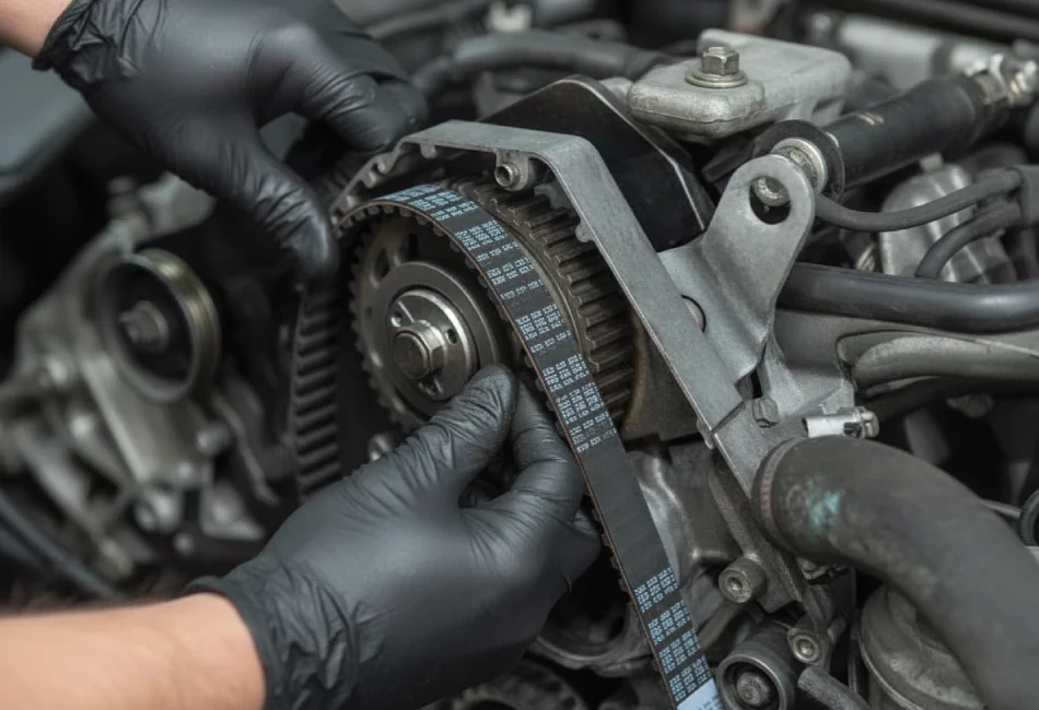 Professional mechanic installing a new timing belt on a car engine