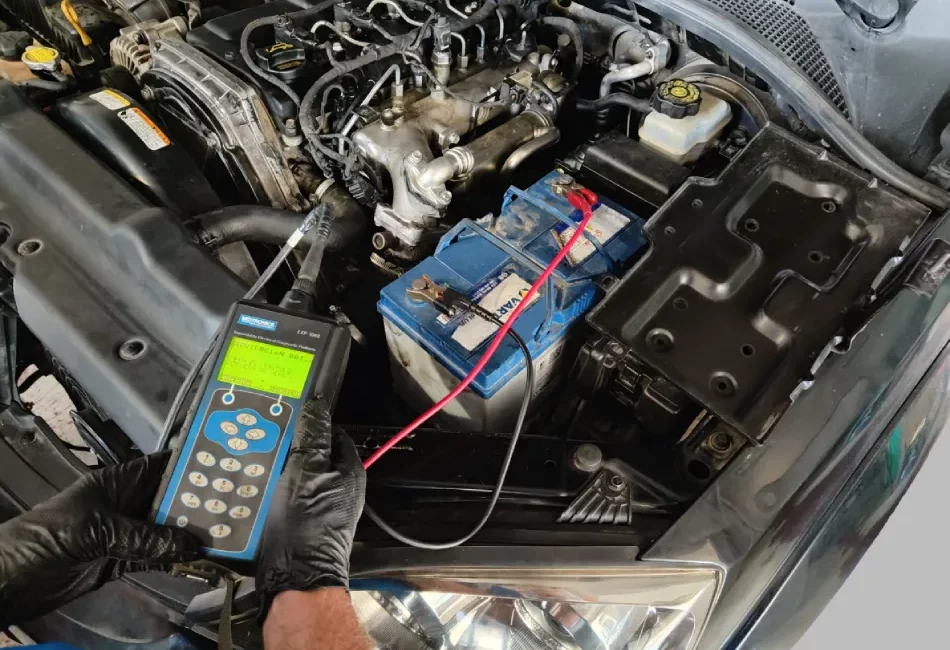 Diagnóstico de batería de coche en taller mecánico. Un técnico utiliza un analizador Midtronics EXP-1080 conectado a la batería VARTA de un motor diésel para verificar el estado del sistema eléctrico